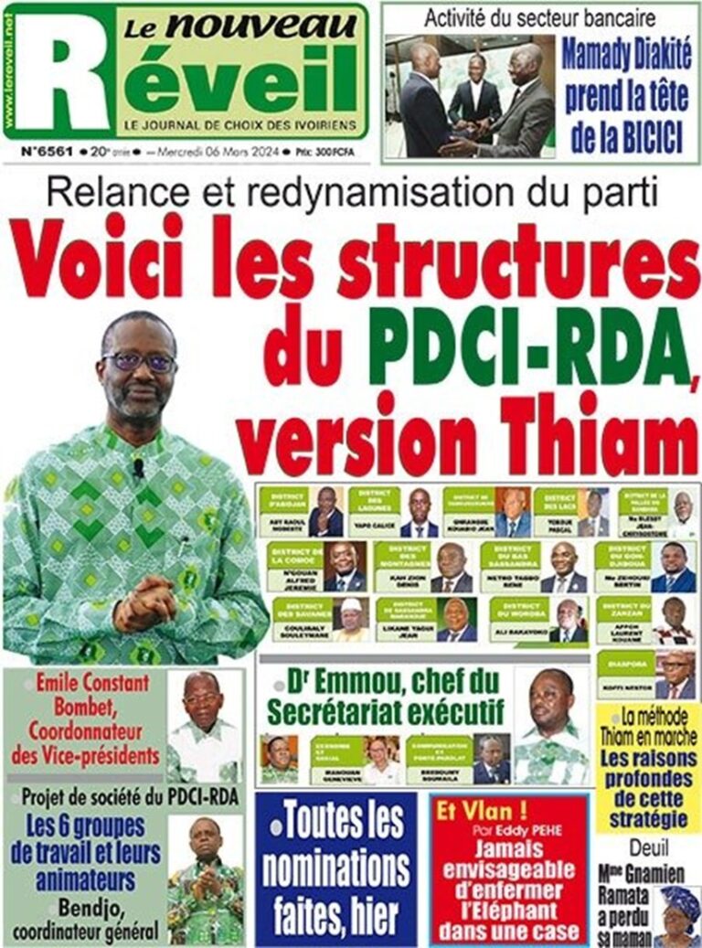 La Une d'un journal de l'opposition, Le Nouveau Réveil mercredi 6 mars 2024 à Abidjan